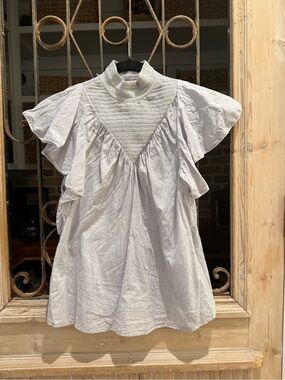 Light Gray Smocked Yoke Ruffle Sleeve Top